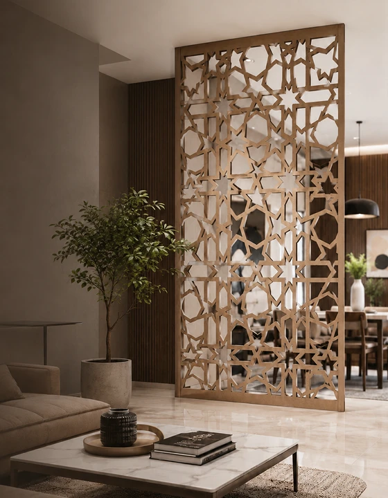 Modern interior featuring decorative wooden partition and premium building materials supplied by SM & Rahmani