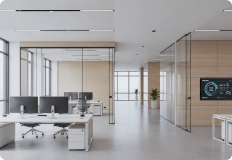 Modern office workspace featuring smart building technologies and modular interior design